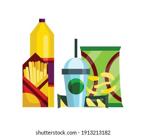 Snack product set. Fast food snacks drinks, chips, juice and french fries isolated on white background. Classic fast food nutrition in flat style. Vector illustration of restaurant menu snack