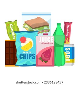 Snack product set, fast food snacks, drinks, nuts, chips, cracker, juice, sandwich isolated on white background. Unhealthy junk food. Flat illustration in vector