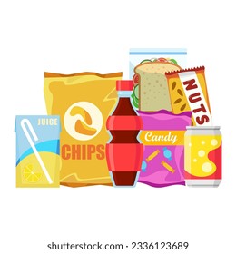 Ropa de aperitivos, tentempiés de comida rápida, bebidas, nueces, patatas fritas, galletas, jugo, sándwich aislado de fondo blanco. Comida basura poco saludable. Ilustración plana en vector