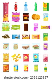 Snack product set, fast food snacks, drinks, nuts, chips, cracker, juice, sandwich isolated on white background. Unhealthy junk food. Flat illustration in vector