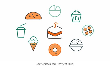 Snack product set, fast food snacks, drinks, nuts, chips, cracker, juice, sandwich isolated on white background. Flat illustration in vector