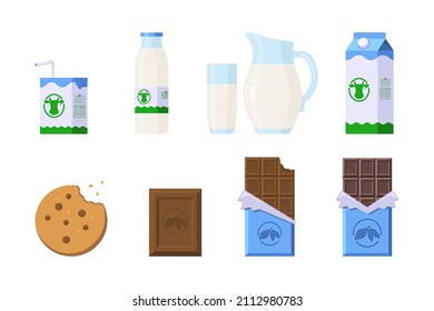 Snack Product Set. Flat Style. Collection of cookie, chocolate and Milk in different package for logo, label, sticker, print, recipe, menu, decor and decoration