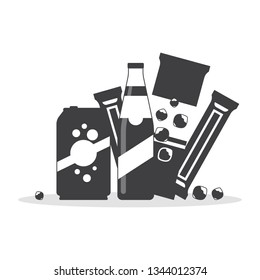 Snack product set in monochrome color, fast food snacks, drinks, nuts, juice, chocolate isolated on white background. Flat illustration in vector