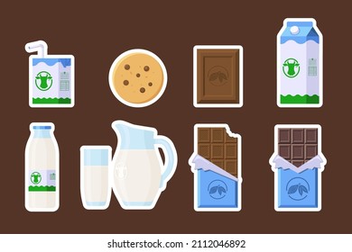 Snack Product Stickers Set. Flat Style. Collection of cookie, chocolate and Milk in different package icons for logo, label, print, recipe, menu, decor and decoration