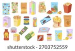 Snack products graphic elements set. Collection of candy packets , cashew nuts, milkshake, different chips mix, popcorn, cookies, salt sticks, jam, soda, chocolate, donut, more. Vector illustration.