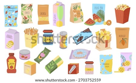 Snack products graphic elements set. Collection of candy packets , cashew nuts, milkshake, different chips mix, popcorn, cookies, salt sticks, jam, soda, chocolate, donut, more. Vector illustration.