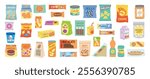 Snack products. Junk food in packages crisps candies different cold drinks soda chocolate bars recent vector snacks illustrations