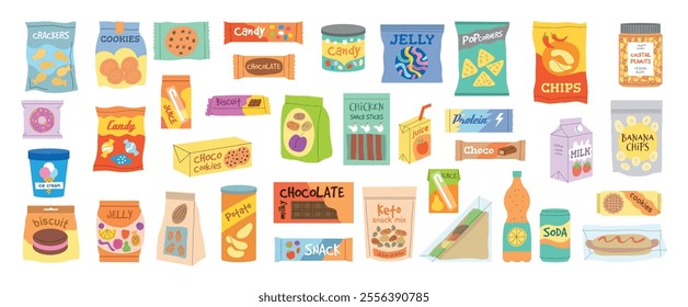 Snack products. Junk food in packages crisps candies different cold drinks soda chocolate bars recent vector snacks illustrations