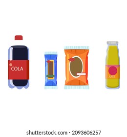 Snack Products Shelves. Foods For Vending Machine. Cold Drinks, Cola, Soda Unhealthy Package Of Chips, Biscuits And Crackers, Chocolate Candy Bars, Store Merchandise. Concept Vector Flat Background.