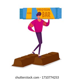 Snack Products Sweets Lovers and Sweet-Tooth People Concept. Tiny Male Character Holding Huge Protein Bar Stand on Chocolate. High Level Carbs Sugar and Glucose Production. Cartoon Vector Illustration