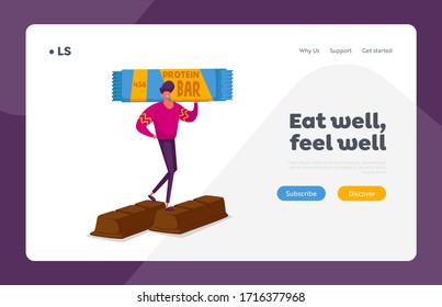 Snack Products Sweets Lovers and Sweet-Tooth People Landing Page Template. Tiny Male Character Holding Huge Protein Bar. High Level Carbs Sugar and Glucose Production. Cartoon Vector Illustration