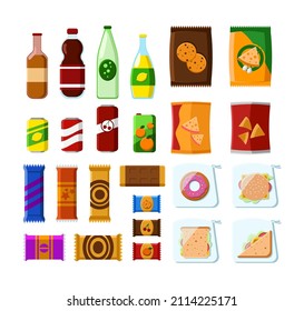 Snack products for vending machine vector illustrations set. Plastic packages with sandwiches, soda, packets of chips, chocolate bars, candies on white background. Junk food, beverage, lunch concept