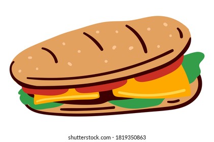 Lanche no menu do restaurante ou do restaurante. Ícone isolado de hambúrguer vegan ou cheeseburger com salada, tomates e queijo. Dieta e nutrição, ingredientes orgânicos e alimentação saudável, vetor em plano