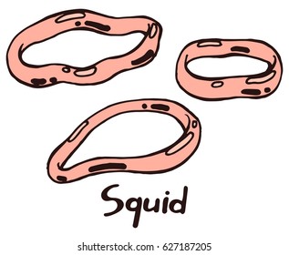 Snack. Salted squid rings. Hand drawn isolated illustration with the inscription on a white background