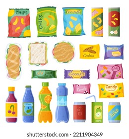Snack set, candy and chips, drink packet package. Biscuit box, sandwich and crisps, bar food vending. Water and juice in placket bottles, cartoon flat food. Vector isolated illustration