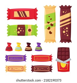 Snack set, chocolate fast food products. Sweet desert or candies with nut for vending machine. Food store elements for lunch box or market design, cartoon style vector.