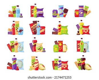 Snack Set, Fast Food And Drinks Products. Beverage Bottles, Sandwich In Pack, Soda And Juice For Vending Machine. Food Store Elements For Lunch Box Or Market Design, Cartoon Style Vector.