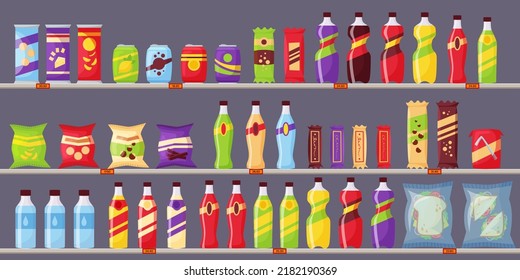 Snack-set, comida rápida y productos de bebidas en las estanterías. Botellas de bebidas, bocadillos en envases, refrescos y zumo para el supermercado. Elementos de la tienda de alimentos para el diseño del mercado, vector de estilo de dibujos animados.