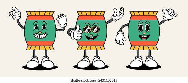 Snack set mascot of 70s groovy. Collection of cartoon,retro, groovy characters. Vector illustration.