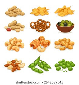 Snack Set Nuts com chips, Pretzels, azeitonas e Edamame.