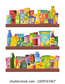 Snack Shelving. Food Grocery. Drink Bar Shelf. Store With Candy Pack And Juice Bottles On Shelves. Sale In Market Shop. Chips Bags. Cookies Wraps. Vector Cartoon Unhealthy Nutrition