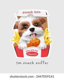 snack sniffer slogan with cute puppy in french fry box graphic hand drawn vector illustration