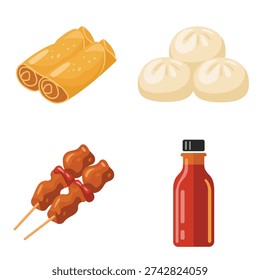 Snack stall icon set, grilled skewers, spicy sauce bottle, steamed buns, food fair signage, vendor booth session, restaurant promotion vector
