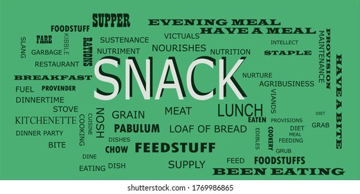 Snack text presented in white color with multiple related words on light green background vector abstract background.