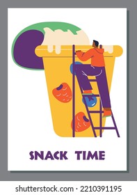 Snack time banner or poster concept with man and giant yogurt jar, flat cartoon vector illustration. Fast snacks and healthy light bites banner or card mockup.