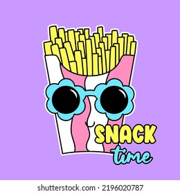 SNACK TIME TEXT, FRENCH FRIES WITH SUNGLASSES, SLOGAN PRINT VECTOR