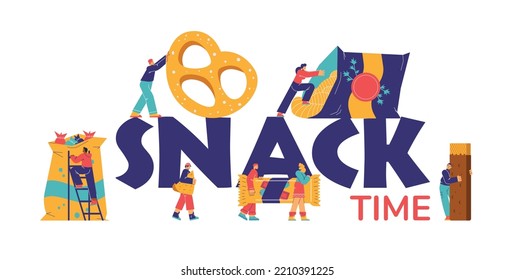 Snack time typographic header with cartoon characters, flat vector illustration isolated on white background. People hug and carry waffle bars, chips and candies. Fast food and sugar addiction.