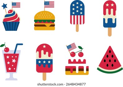 Snack and treat icon set. Popsicle, soda drink, cupcake, watermelon, burger, cherry cake, muffin, icepop with flag, red white blue stars. American party vibe dessert icon set
