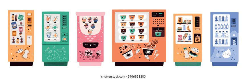 Snack vending machine. Fast food selling equipment. Water and sweets. Automated purchase. Electronic devices with products and drinks. Merchandise retail appliance