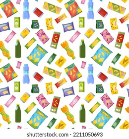 Snack Vending Pattern. Drink Bottle. Food Lunch Bar. Candy Box Or Packet. Soda Water Machine. Cola Can. Unhealthy Nutrition. Chocolate Package. Chips Bag. Vector Seamless Background