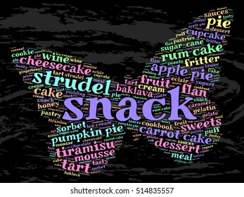 Snack. Word cloud, butterfly, grunge background.  Food concept.