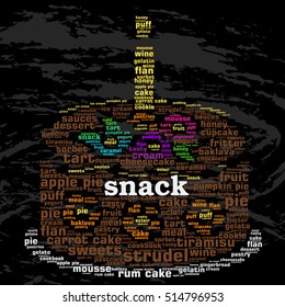 Snack. Word cloud, celebration cake with a candle, grunge background. Food concept.