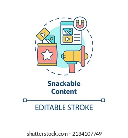 Icono de concepto de contenido tentable. Estrategia SMM. Ilustración de la línea delgada de la idea abstracta de la tendencia del marketing en Internet. Dibujo de contorno aislado. Trazo editable. Fuentes Arial, Myriad Pro-Bold utilizadas