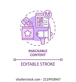 Icono de concepto morado de contenido tentable. Campaña del SMM. Ilustración de la línea delgada de la idea abstracta de la tendencia del marketing en Internet. Dibujo de contorno aislado. Trazo editable. Fuentes Arial, Myriad Pro-Bold utilizadas