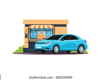 Snackbar attendant serving a car semi flat RGB color vector illustration. Drive through cafe, buffet. Fast food take out. Eating outdoor. Isolated cartoon character on white background