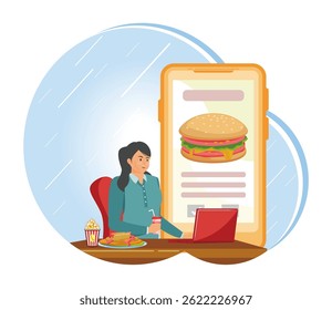 Snacking nonstop concept. Business Woman eating hamburgers near huge junk food.