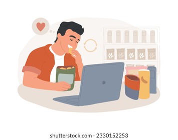 Snacking non-stop isolated concept vector illustration. Mindless snacking, junk food, non-stop eating while working, reduce cholesterol use, diet and nutrition, addictive habit vector concept.