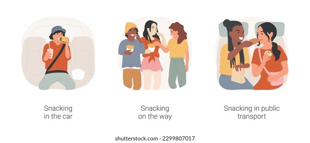 Snacking on the way isolated cartoon vector illustration set. Teenage boy eating burger in car, snacking on the go, have sandwich in the school bus, public transport, teen habit vector cartoon.