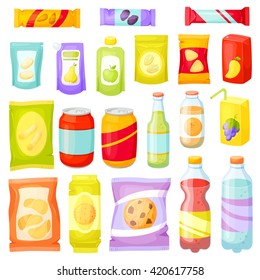 Snacking products set: chips, muesli bar, cookies, soda, juice, nuts. Packet, bag, box, doy pack, bottles, cans, sachet. Fast food vector illustration. Drinks 