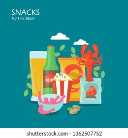Snacks to the beer vector flat illustration. Bottle and pilsner glass of beer, chips, pistachio, croutons, crayfish, popcorn, bowl of shrimps. Snack food composition for web banner, website page etc.
