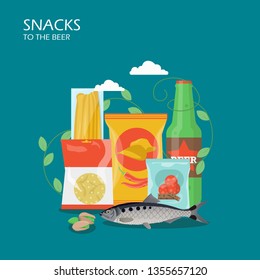 Snacks to the beer vector flat style design illustration. Beer bottle, chips, pistachio, croutons, crackers, salted dried fish, cheese. Beer snacks composition for web banner, website page etc.