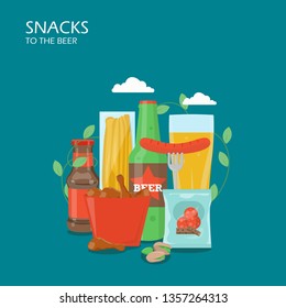 Snacks to the beer vector flat style design illustration. Bottle and glass of beer, pistachio, croutons, cheese, chicken, ketchup and sausage. Snack food composition for web banner, website page etc.