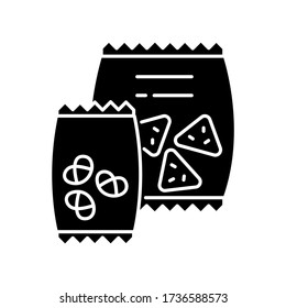 Snacks Black Glyph Icon. Potato Chips In Bag. Salty Crackers In Packet. Junk Food. Unhealthy Snacks. Crisp Pretzel In Package. Silhouette Symbol On White Space. Vector Isolated Illustration
