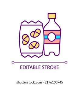 Snacks und kohlensäurehaltige Getränke RGB Farbsymbol. Essen von gesüßten Lebensmitteln und Getränken. Niedriger Nährwert. Einzige Vektorgrafik. Einfache, ausgefüllte Linienzeichnung. Bearbeitbarer Strich. Arithmetik verwendet