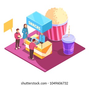 Snacks in cinema theater isometric composition including persons, booth with sweets, pop corn and drinks, vector illustration 