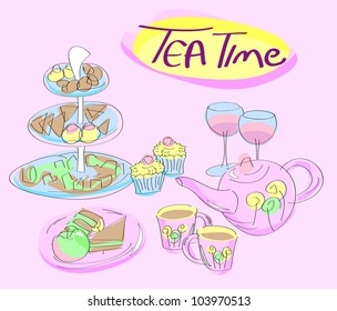 Snacks, cups and teapot on pink background with Tea Time text